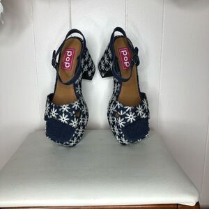 Pop Womens Daisy Flowers Grandiose Denim Chunky Platform Heels Blue White 8.5